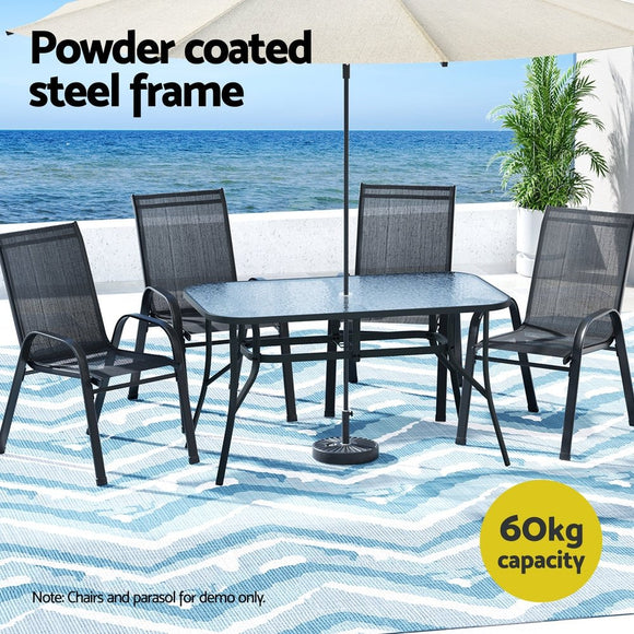 Gardeon 140CM Outdoor Dining Table Steel Frame Tempered Glass Parasol Hole Black - RnR Galore