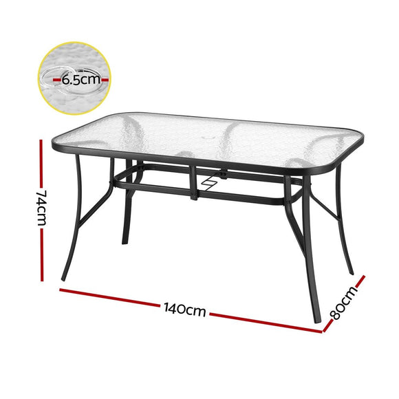 Gardeon 140CM Outdoor Dining Table Steel Frame Tempered Glass Parasol Hole Black - RnR Galore