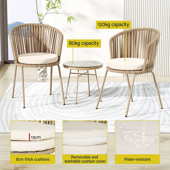 Gardeon 3PC Outdoor Bistro Set Patio Furniture Rope Setting Chairs Table Beige - RnR Galore