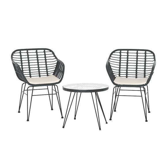 Gardeon 3PC Outdoor Furniture Bistro Set Lounge Setting Table Chairs Cushion Patio Grey - RnR Galore