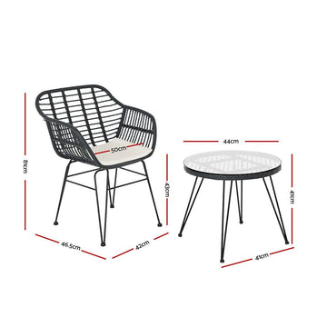 Gardeon 3PC Outdoor Furniture Bistro Set Lounge Setting Table Chairs Cushion Patio Grey - RnR Galore