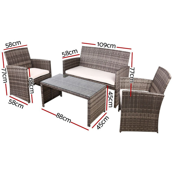 Gardeon 4 PCS Outdoor Sofa Set with Storage Cover Rattan Chair Furniture Grey - RnR Galore
