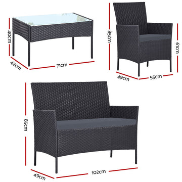 Gardeon 4 Seater Outdoor Sofa Set Wicker Setting Table Chair Furniture Dark Grey - RnR Galore