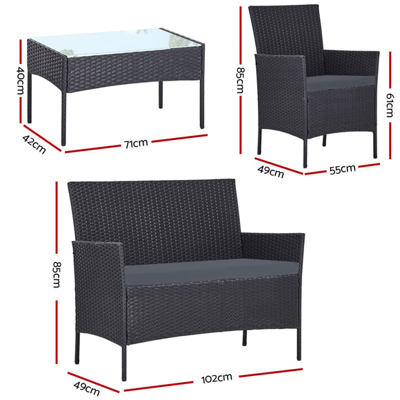 Gardeon 4 Seater Outdoor Sofa Set Wicker Setting Table Chair Furniture Dark Grey - RnR Galore