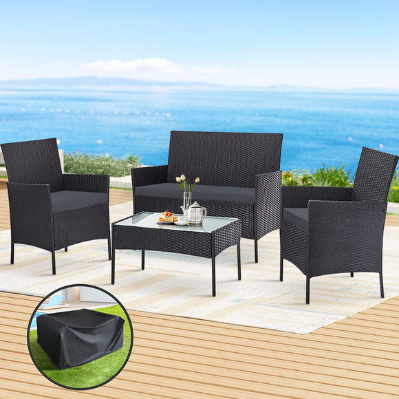Gardeon 4 Seater Outdoor Sofa Set with Storage Cover Wicker Table Chair DarkGrey - RnR Galore