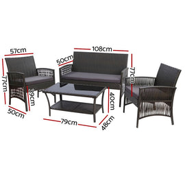 Gardeon 4PCS Outdoor Sofa Set with Storage Cover Wicker Harp Chair Table Grey - RnR Galore
