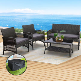 Gardeon 4PCS Outdoor Sofa Set with Storage Cover Wicker Harp Chair Table Grey - RnR Galore