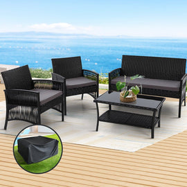 Gardeon 4PCS OutdoorSofa Set with Storage Cover Wicker Harp Chair Table Black - RnR Galore