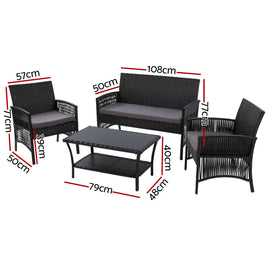 Gardeon 4PCS OutdoorSofa Set with Storage Cover Wicker Harp Chair Table Black - RnR Galore
