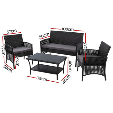 Gardeon 4PCS OutdoorSofa Set with Storage Cover Wicker Harp Chair Table Black - RnR Galore