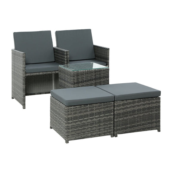 Gardeon 5PC Bistro Set Wicker Table and Chairs Ottoman Outdoor Furniture Grey - RnR Galore