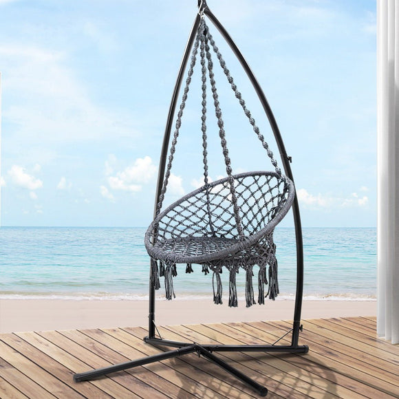 Gardeon Hammock Chair with Steel Stand Macrame Outdoor Swinging Grey - RnR Galore
