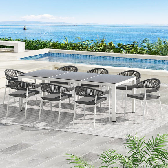 Gardeon Outdoor Dining Set 9 Piece Steel Table Chairs Setting White - RnR Galore