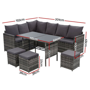 Gardeon Outdoor Dining Set Sofa Lounge Setting Chairs Table Ottoman Grey Cover - RnR Galore