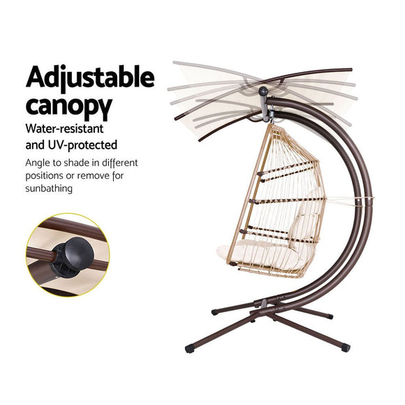 Gardeon Outdoor Egg Swing Chair Wicker Furniture Pod Stand Canopy 2 Seater Latte - RnR Galore