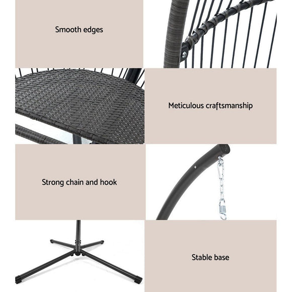 Gardeon Outdoor Egg Swing Chair Wicker Rope Furniture Pod Stand Cushion Grey - RnR Galore