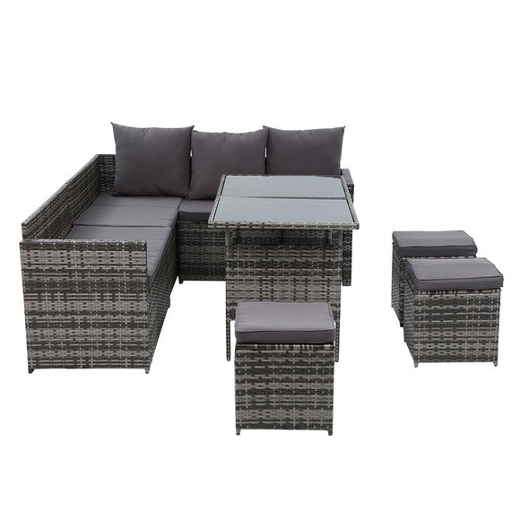 Gardeon Outdoor Furniture Dining Setting Sofa Set Lounge Wicker 9 Seater Mixed Grey - RnR Galore