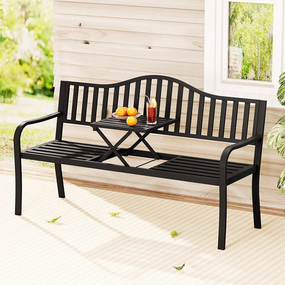 Gardeon Outdoor Garden Bench Seat Loveseat Steel Foldable Table Patio Furniture Black - RnR Galore