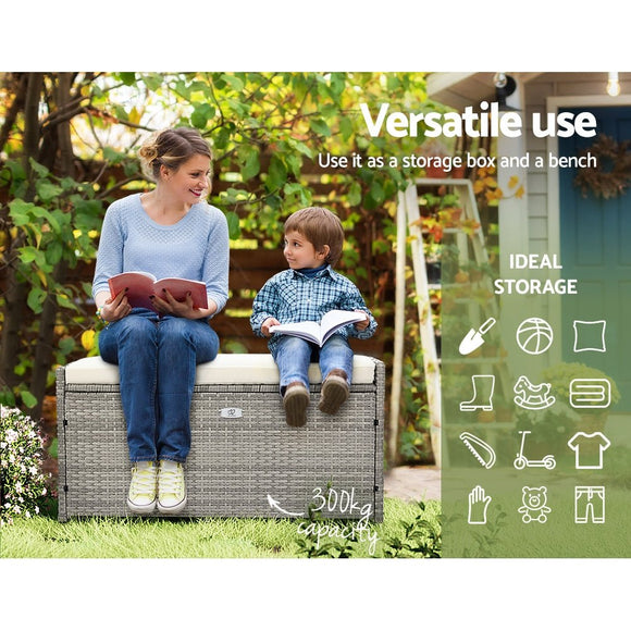 Gardeon Outdoor Storage Bench Box Wicker Garden Sheds Tools Cushion Patio Furniture Grey - RnR Galore