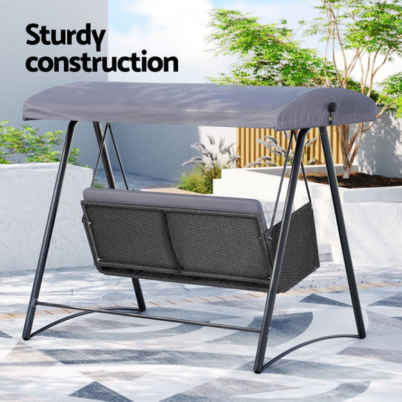 Gardeon Outdoor Swing Chair Garden Bench Furniture Canopy 3 Seater Rattan Grey - RnR Galore
