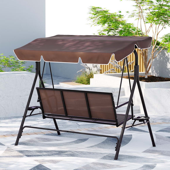 Gardeon Outdoor Swing Chair Garden Chair Canopy Cup Holder 3 Seater Brown - RnR Galore