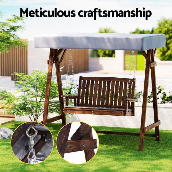 Gardeon Outdoor Wooden Swing Chair Garden Bench Canopy Cushion 2 Seater Charcoal - RnR Galore
