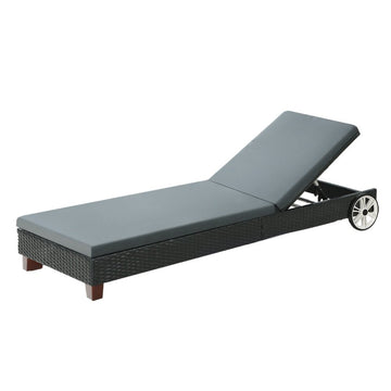 Gardeon Sun Lounge Wicker Lounger Outdoor Furniture Day Bed Wheels Patio Black - RnR Galore