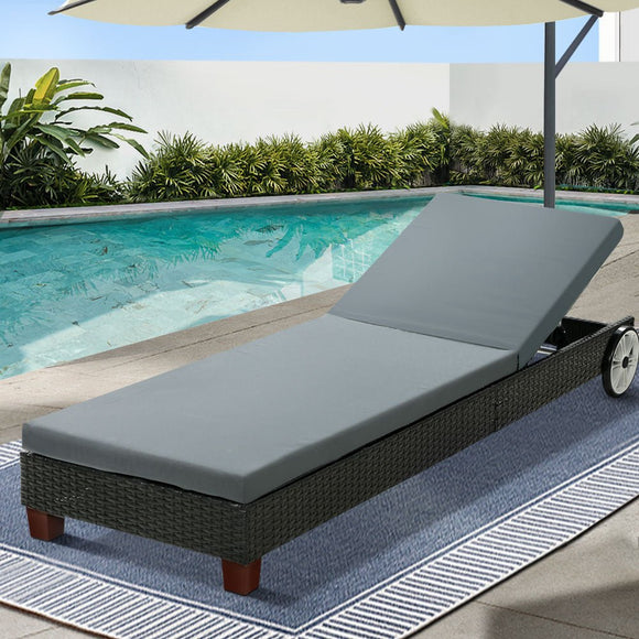 Gardeon Sun Lounge Wicker Lounger Outdoor Furniture Day Bed Wheels Patio Black - RnR Galore
