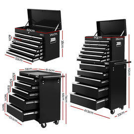 Giantz 15 Drawers Tool Chest Trolley Toolbox 2 - in - 1 Storage Black - RnR Galore