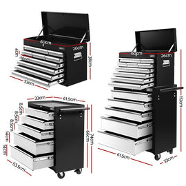 Giantz 15 Drawers Tool Chest Trolley Toolbox 2 - in - 1 Storage Black& Grey - RnR Galore