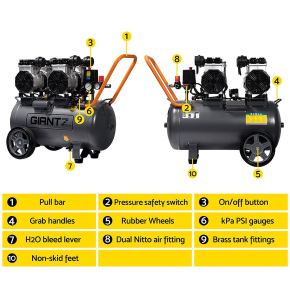 Giantz 50L Air Compressor 200L/min 3.0HP Oil - Free Quiet Electric Portable Air Inflator - RnR Galore