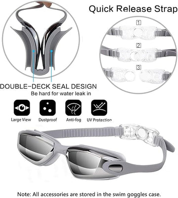Gray Swim Goggles Set with Cap, Nose Clip, Earplugs & Case: Anti - Fog UV Protection for Men & Women - RnR Galore