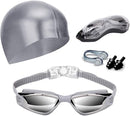 Gray Swim Goggles Set with Cap, Nose Clip, Earplugs & Case: Anti - Fog UV Protection for Men & Women - RnR Galore