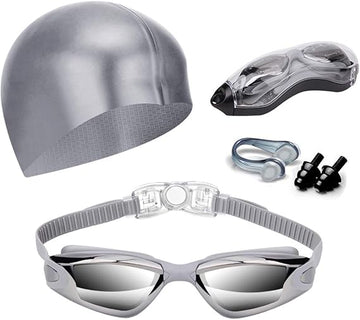 Gray Swim Goggles Set with Cap, Nose Clip, Earplugs & Case: Anti - Fog UV Protection for Men & Women - RnR Galore