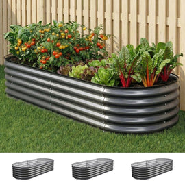 Green Fingers 3 Pcs Raised Garden Bed Kit Oval Galvanized Steel Planter Boxes 160x80x42cm, Heavy Duty Metal Elevated Garden Bed for Vegetables Flowers Herbs, with Safety Edging, Gloves & Pegs Included - RnR Galore