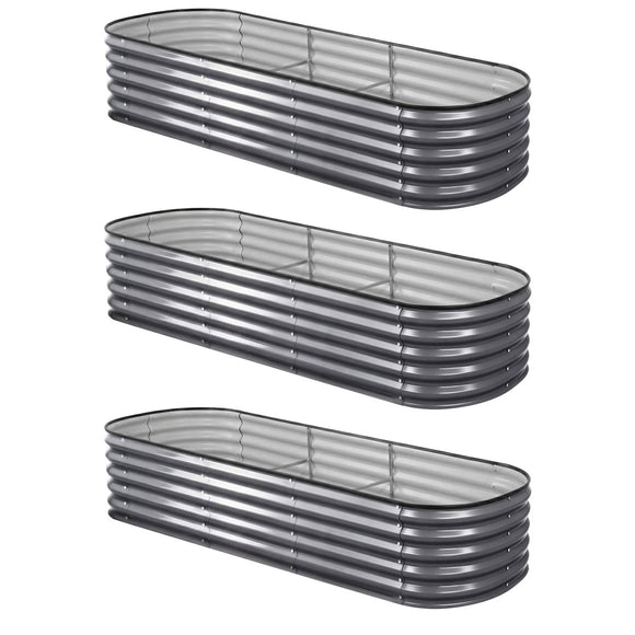 Green Fingers 3 Pcs Raised Garden Bed Kit Oval Galvanized Steel Planter Boxes 240x80x42cm, Heavy Duty Metal Elevated Garden Bed for Vegetables Flowers Herbs, with Safety Edging, Gloves & Pegs Included - RnR Galore