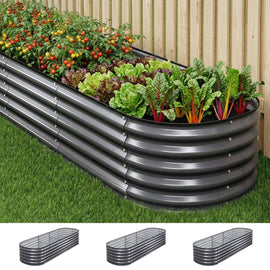 Green Fingers 3 Pcs Raised Garden Bed Kit Oval Galvanized Steel Planter Boxes 240x80x42cm, Heavy Duty Metal Elevated Garden Bed for Vegetables Flowers Herbs, with Safety Edging, Gloves & Pegs Included - RnR Galore