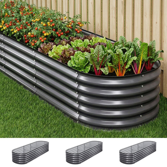 Green Fingers 3 Pcs Raised Garden Bed Kit Oval Galvanized Steel Planter Boxes 240x80x42cm, Heavy Duty Metal Elevated Garden Bed for Vegetables Flowers Herbs, with Safety Edging, Gloves & Pegs Included - RnR Galore