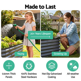 Green Fingers 3 Pcs Raised Garden Bed Kit Oval Galvanized Steel Planter Boxes 240x80x42cm, Heavy Duty Metal Elevated Garden Bed for Vegetables Flowers Herbs, with Safety Edging, Gloves & Pegs Included - RnR Galore