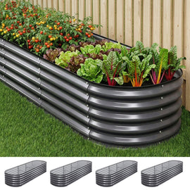 Green Fingers 4 Pcs Raised Garden Bed Kit Oval Galvanized Steel Planter Boxes 240x80x42cm, Heavy Duty Metal Elevated Garden Bed for Vegetables Flowers Herbs, with Safety Edging, Gloves & Pegs Included - RnR Galore