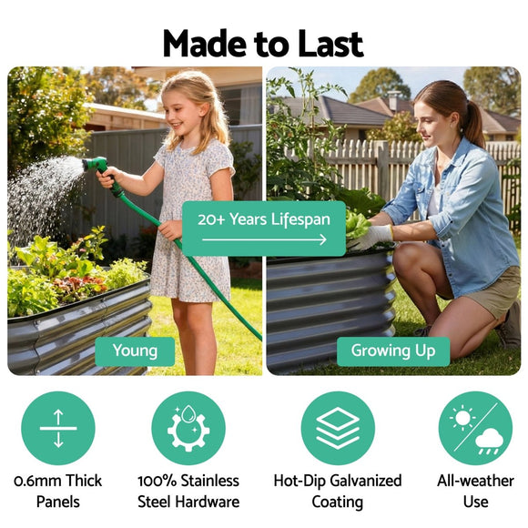 Green Fingers 4 Pcs Raised Garden Bed Kit Oval Galvanized Steel Planter Boxes 240x80x56cm, Heavy Duty Metal Elevated Garden Bed for Vegetables Flowers Herbs, with Safety Edging, Gloves & Pegs Included - RnR Galore