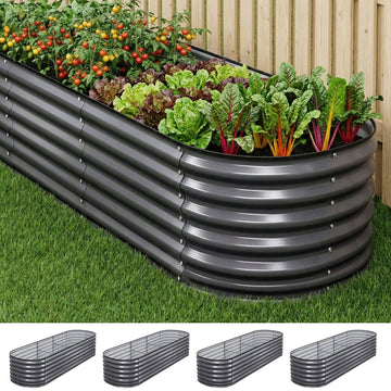 Green Fingers 4 Pcs Raised Garden Bed Kit Oval Galvanized Steel Planter Boxes 240x80x56cm, Heavy Duty Metal Elevated Garden Bed for Vegetables Flowers Herbs, with Safety Edging, Gloves & Pegs Included - RnR Galore