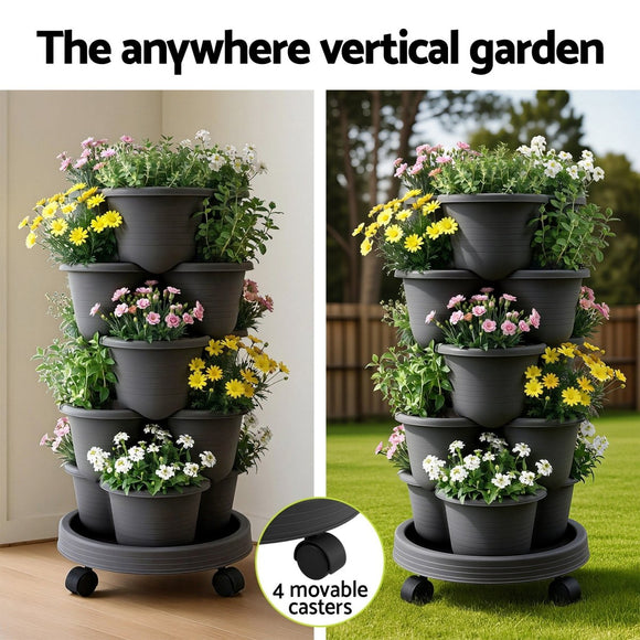 Green Fingers 5 Tier Vertical Garden Planter, Stackable Planters with 4 Wheels, Black, Raised Garden Bed, Garden Tower Indoor Outdoor, Auto Drainage System, for Strawberries, Herbs, Flower, Vegetables - RnR Galore