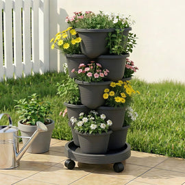 Green Fingers 5 Tier Vertical Garden Planter, Stackable Planters with 4 Wheels, Black, Raised Garden Bed, Garden Tower Indoor Outdoor, Auto Drainage System, for Strawberries, Herbs, Flower, Vegetables - RnR Galore