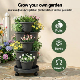 Green Fingers 5 Tier Vertical Garden Planter, Stackable Planters with 4 Wheels, Black, Raised Garden Bed, Garden Tower Indoor Outdoor, Auto Drainage System, for Strawberries, Herbs, Flower, Vegetables - RnR Galore