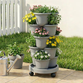 Green Fingers 5 Tier Vertical Garden Planter, Stackable Planters with 4 Wheels, Grey, Raised Garden Bed, Garden Tower Indoor Outdoor, Auto Drainage System, for Strawberries, Herbs, Flower, Vegetables - RnR Galore