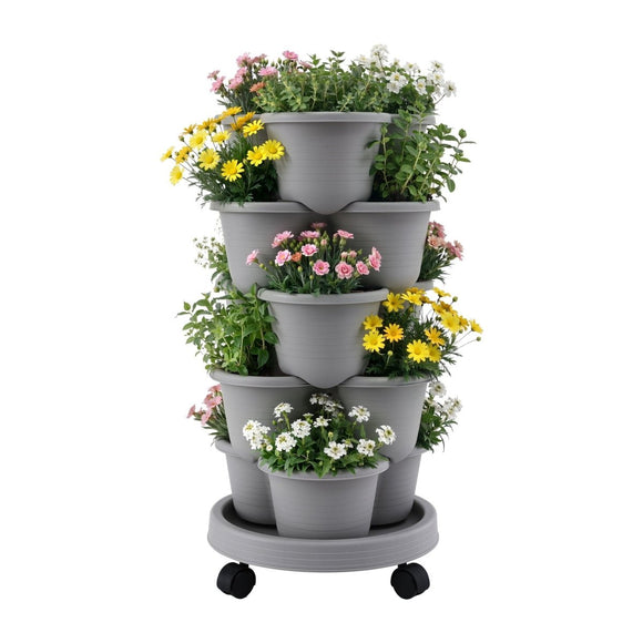 Green Fingers 5 Tier Vertical Garden Planter, Stackable Planters with 4 Wheels, Grey, Raised Garden Bed, Garden Tower Indoor Outdoor, Auto Drainage System, for Strawberries, Herbs, Flower, Vegetables - RnR Galore