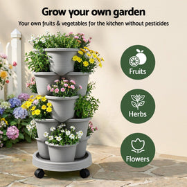 Green Fingers 5 Tier Vertical Garden Planter, Stackable Planters with 4 Wheels, Grey, Raised Garden Bed, Garden Tower Indoor Outdoor, Auto Drainage System, for Strawberries, Herbs, Flower, Vegetables - RnR Galore