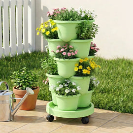 Green Fingers 5 Tier Vertical Garden Planter, Stackable Planters with Wheels, Light Green, Garden Bed, Garden Tower Indoor Outdoor, Auto Drainage System, for Strawberries, Herbs, Flowers, Vegetables - RnR Galore