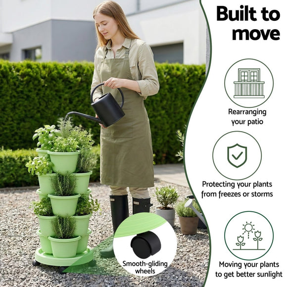 Green Fingers 5 Tier Vertical Garden Planter, Stackable Planters with Wheels, Light Green, Garden Bed, Garden Tower Indoor Outdoor, Auto Drainage System, for Strawberries, Herbs, Flowers, Vegetables - RnR Galore